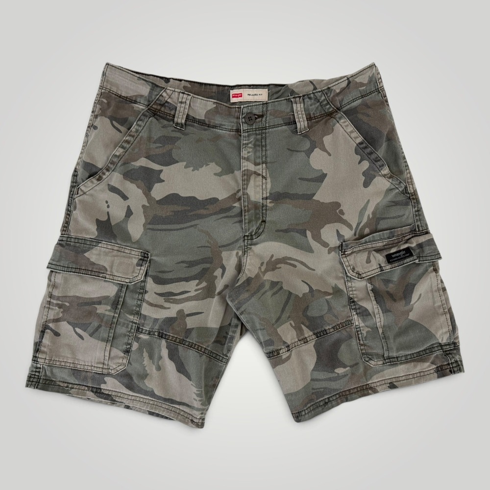 Wrangler Mens Relaxed Fit Camo Cargo Shorts Grey Green Camouflage 34x10